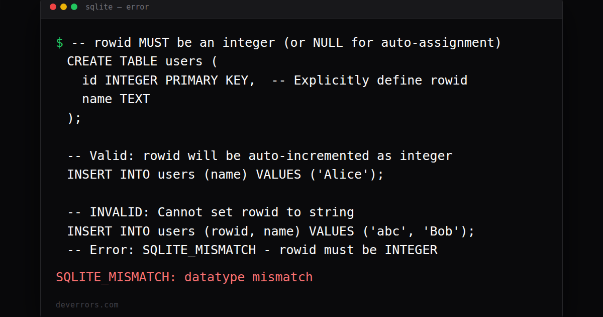 How to fix SQLITE_MISMATCH: datatype mismatch in SQLite | DevErrors